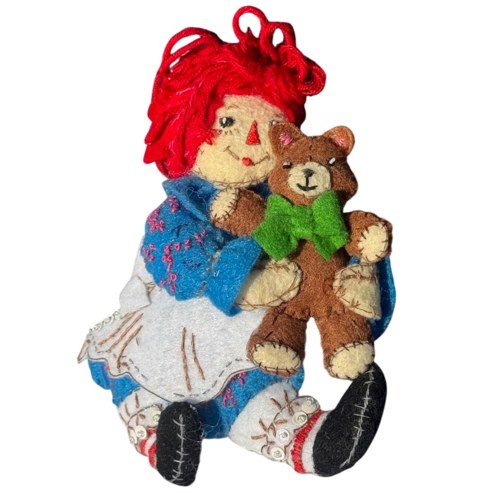 Handmade Raggedy Ann Felt Doll Holding Teddy Bear 7" Folk Art Red Blue